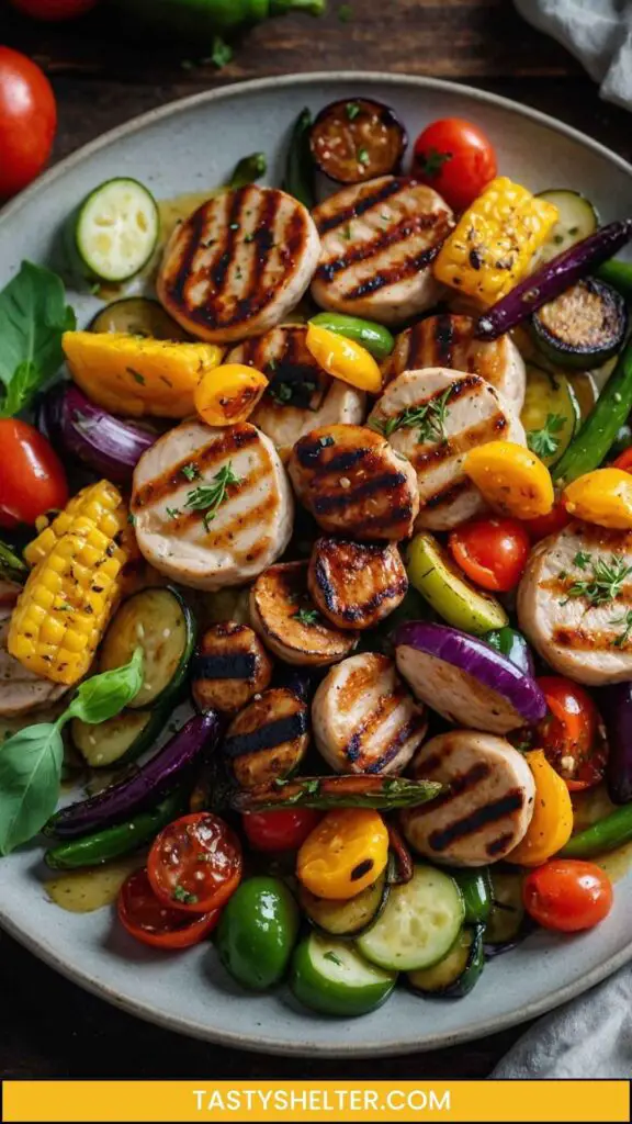 Healthy Grilled Chicken Sausages And Summer Vegetables Healthy Grilled Chicken Sausages And Summer Vegetables